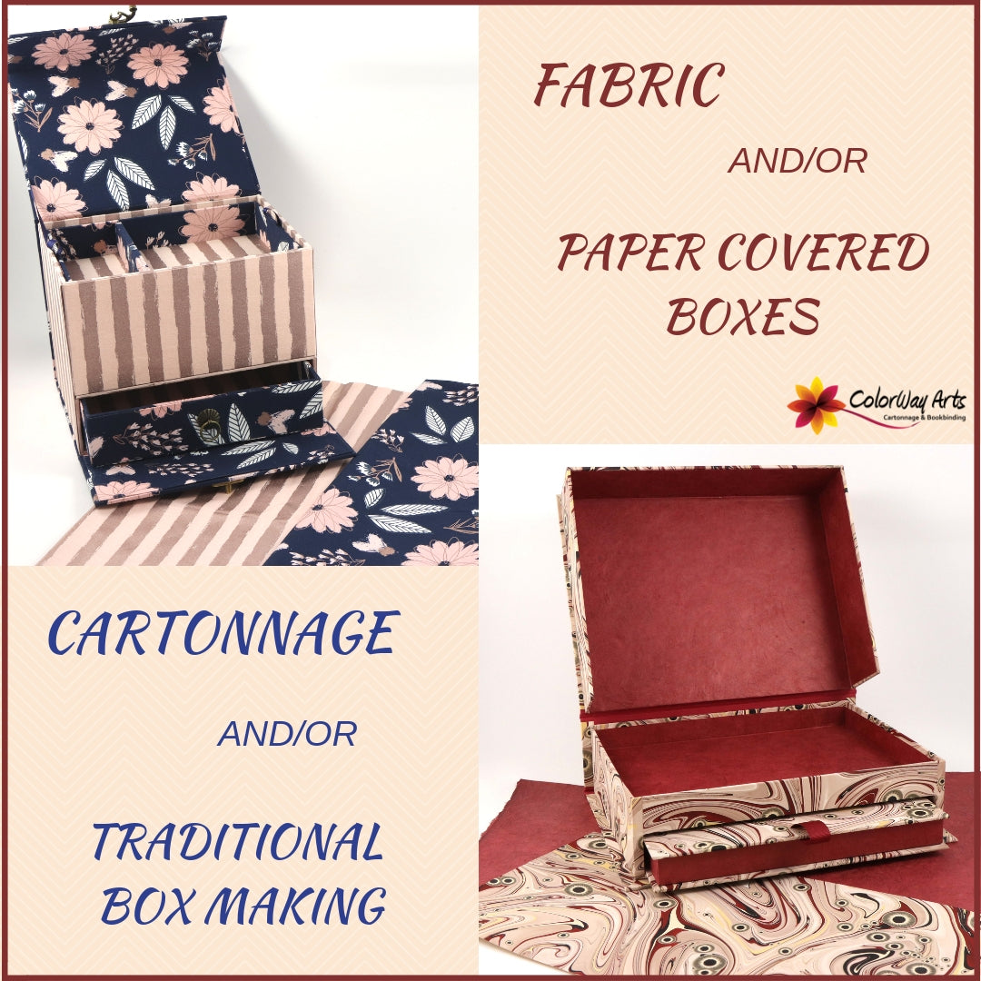 Fabric and/or paper covered boxes using Cartonnage and/or traditional box making