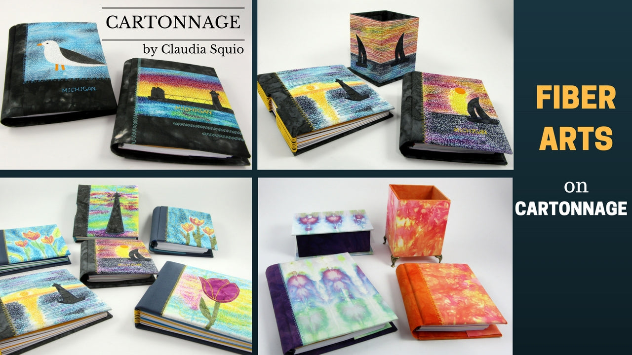 Fiber arts on Cartonnage fabric covered boxes
