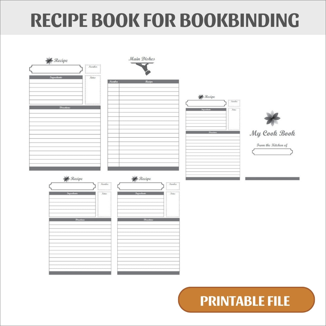 Printable recipe book for bookbinding, cook book printable, bookbinding printable