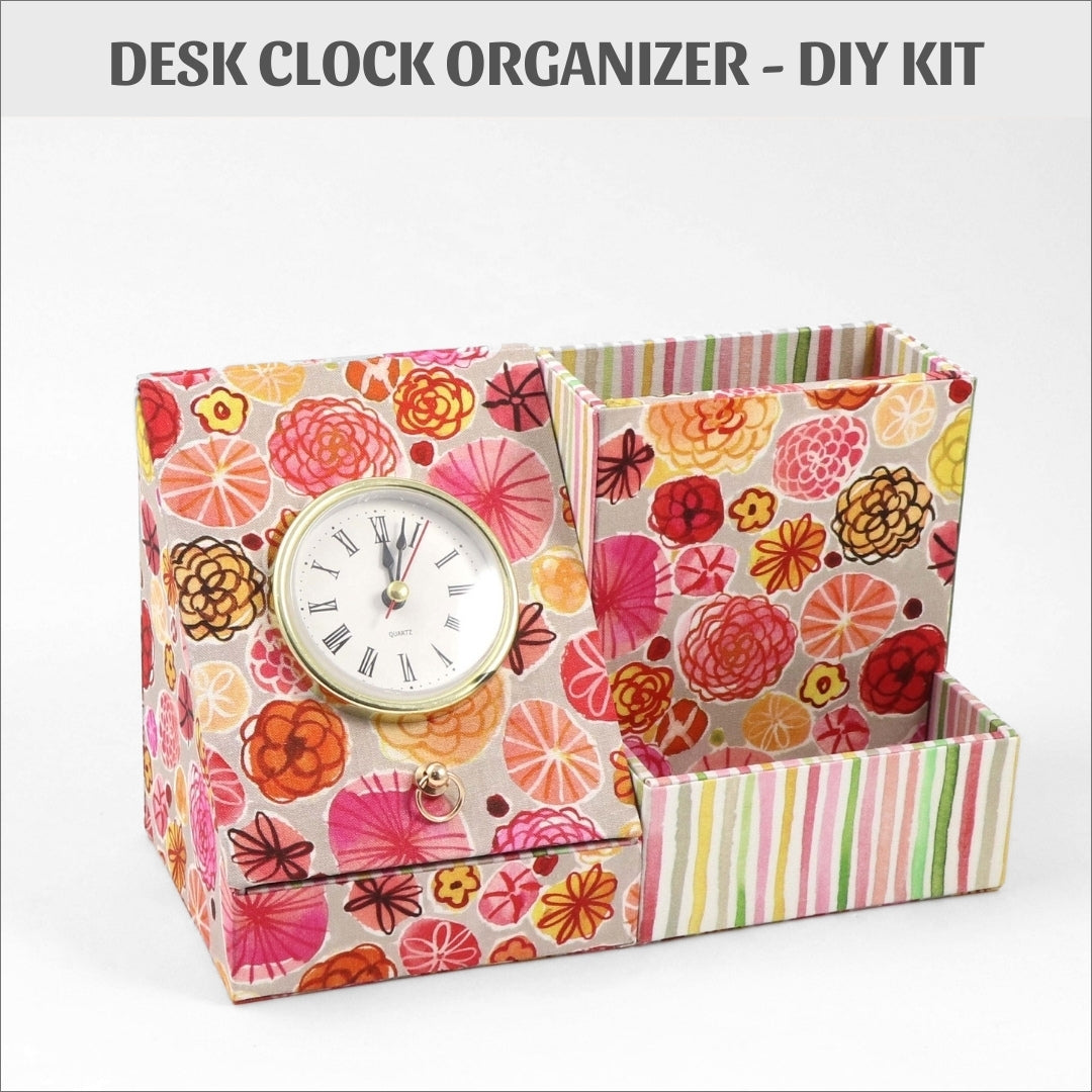 Desk clock organizer DIY kit, fabric box kit, cartonnage kit 175, Online instructions included