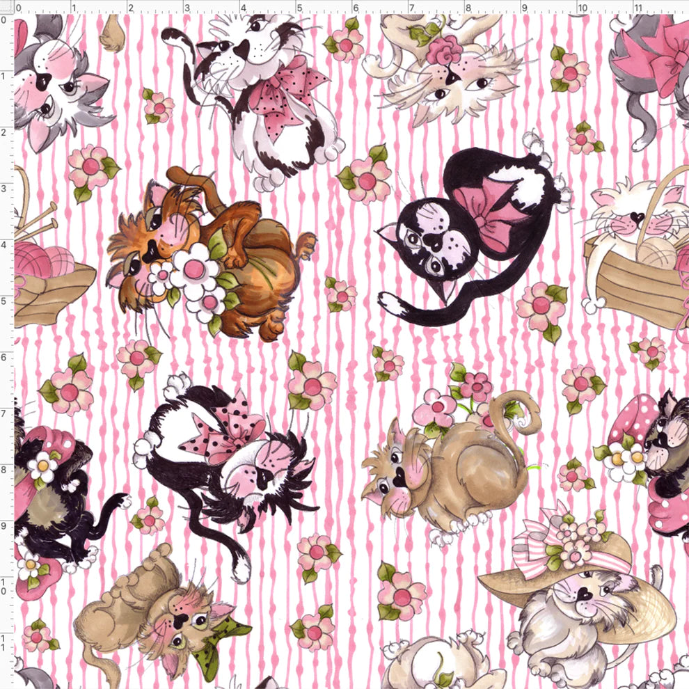 Fabric - Tossed Fancy Cats White / Pink - Loralie Designs - Half Yard