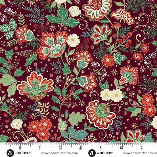 Fabric -  Adorn - by Makower UK - Bloom Burgandy - Half Yard