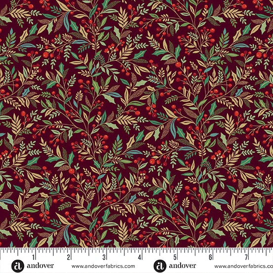 Fabric -  Adorn - by Makower UK - Holly Burgandy - Half Yard