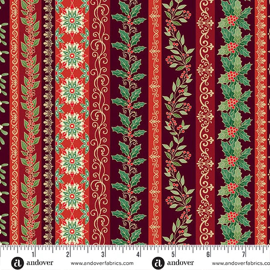 Fabric -  Adorn - by Makower UK - Garland Stripe Burgandy - Half Yard