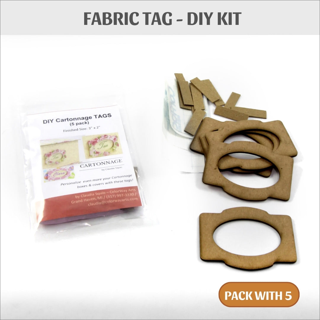 DIY fabric tags, pack with 5, cartonnage kit 107, free online instructions