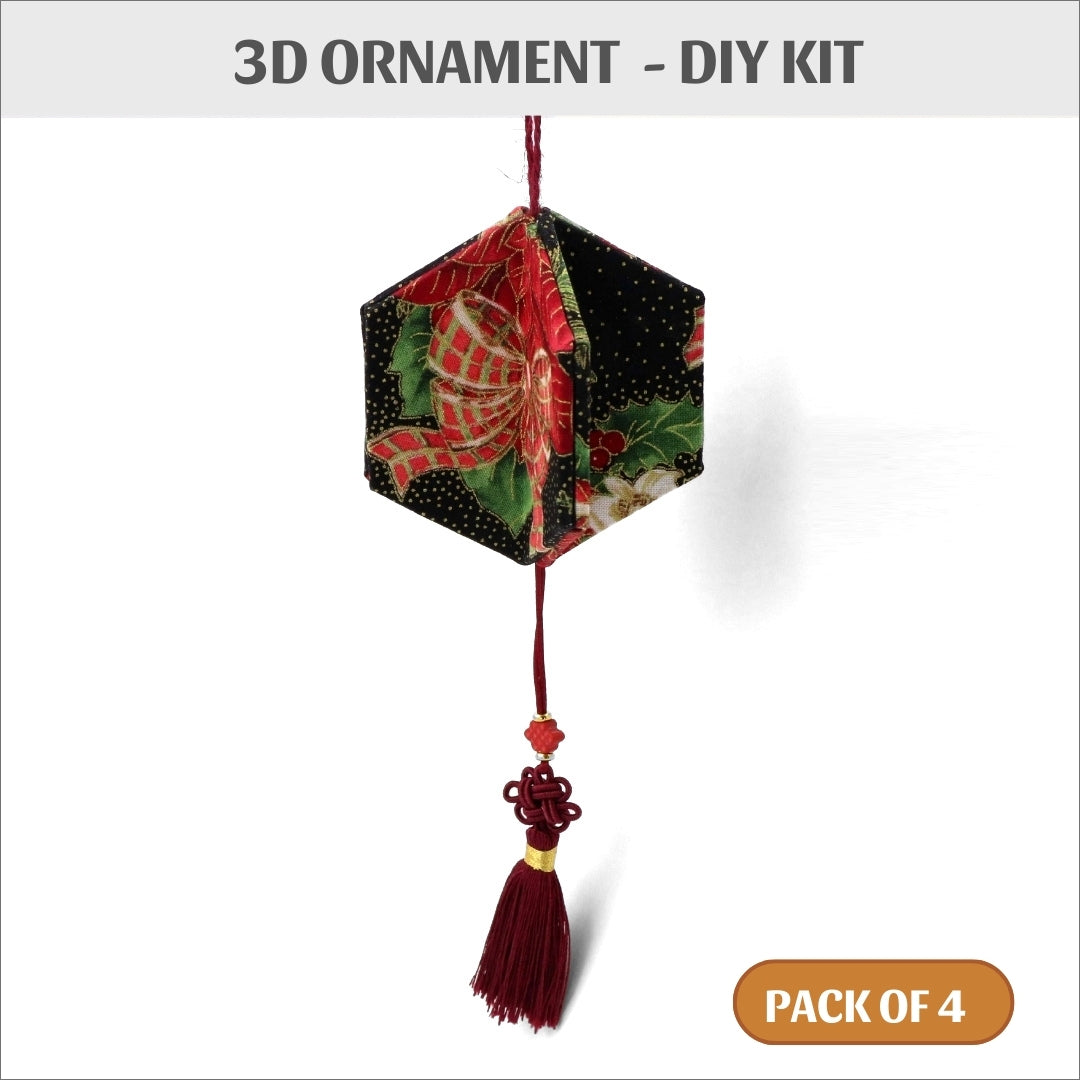 Fabric 3D ornaments hexagons 4&quot; and 3&quot; - pack of 4