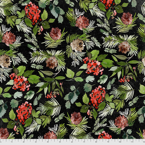 Fabric - Evergreen Floral - Black - Christmastime -  Tim Holtz Eclectic Elements - Half Yard