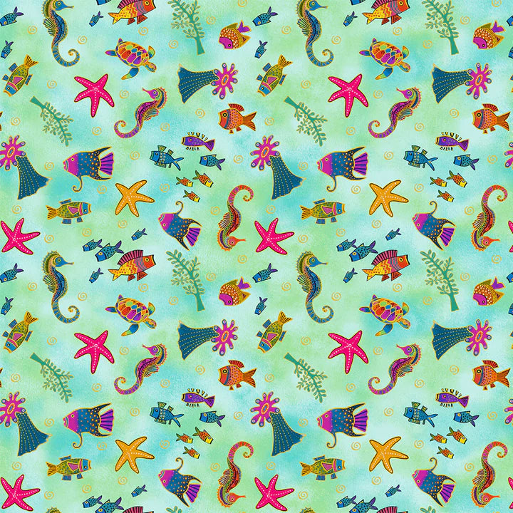 Fabric - Oceania by Laurel Burch - Sealife - Turquois Gold Metallic - Half Yard