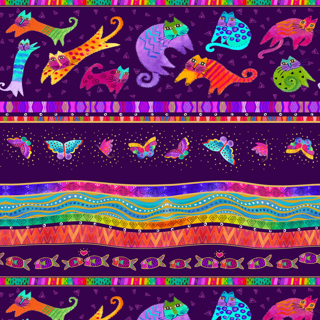 Fabric -Fantasticats Digital Pictorial Stripe Dark Purple Gold metalic - Laurel Burch - Half Yard