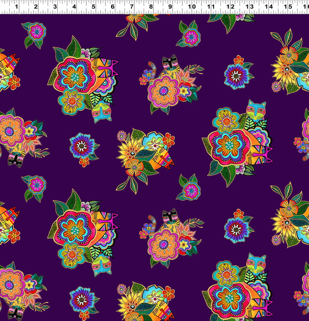 Fabric - Fantasticats Digital Hidden Cats - Dark Purple Metallic  - Laurel Burch - Half Yard
