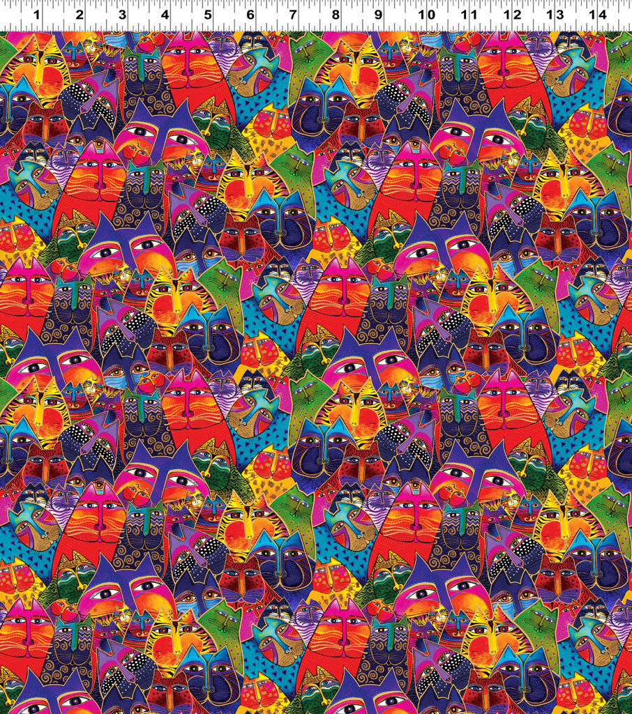 Fabric - Fantasticats Digital Packed Cats - Multi Color Metallic  - Laurel Burch - Half Yard