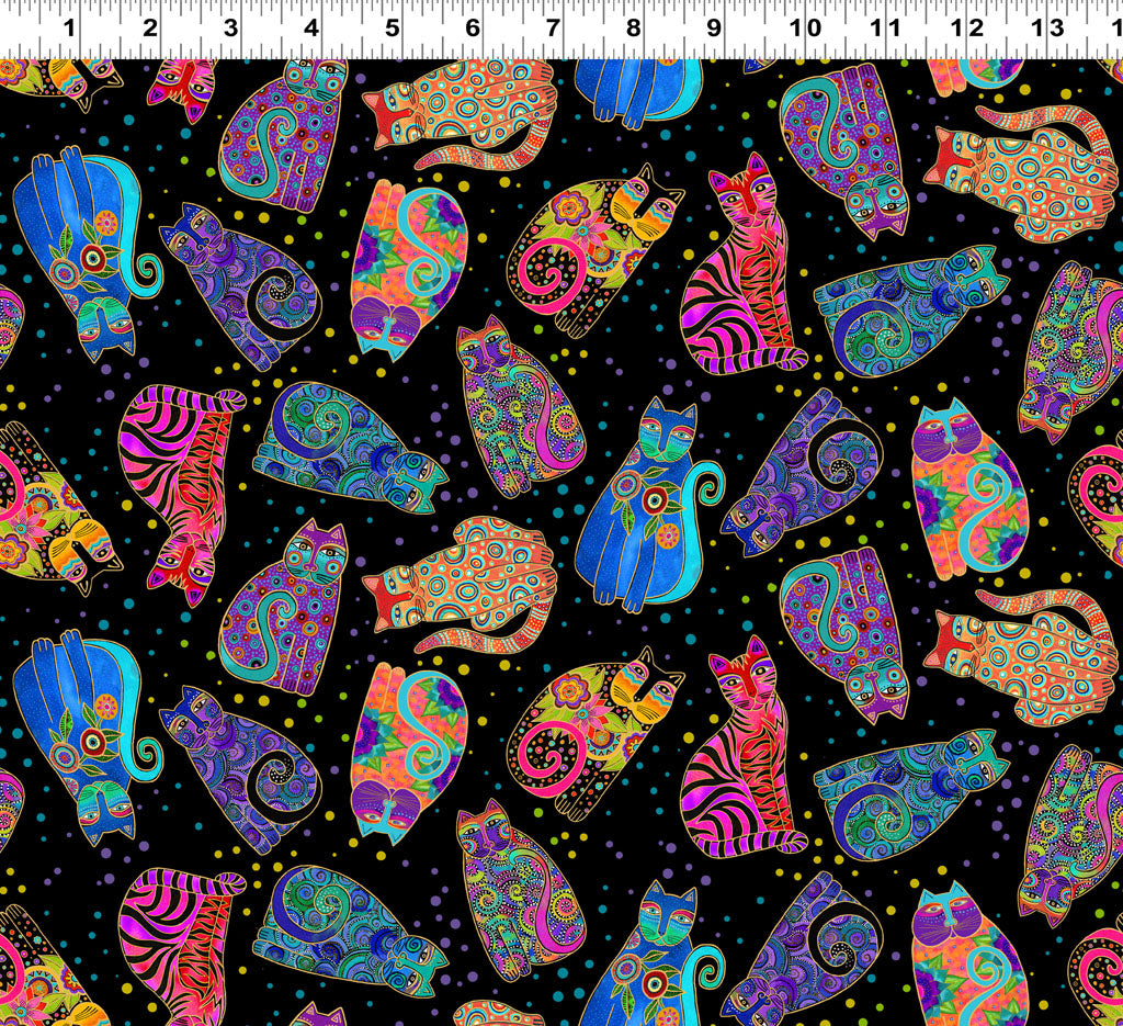 Fabric - Fantasticats Digital Tossed Cats - Black Metallic  - Laurel Burch - Half Yard