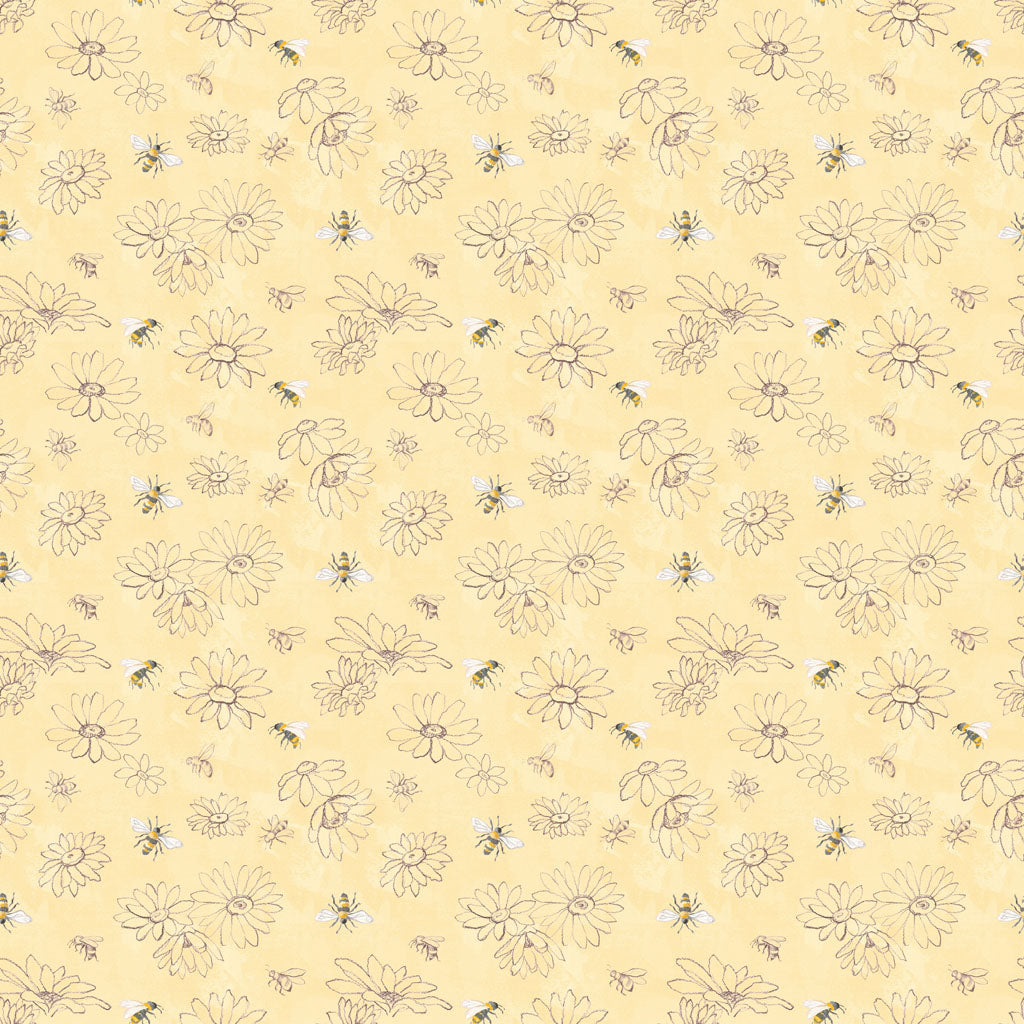 Fabric - Daisy Field Digital Floral Sketch - Light Gold - Silvia Vassileva - Half Yard