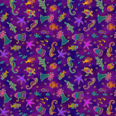 Fabric - Oceania by Laurel Burch - Sealife - Dark Orchid Gold Metallic - Half Yard