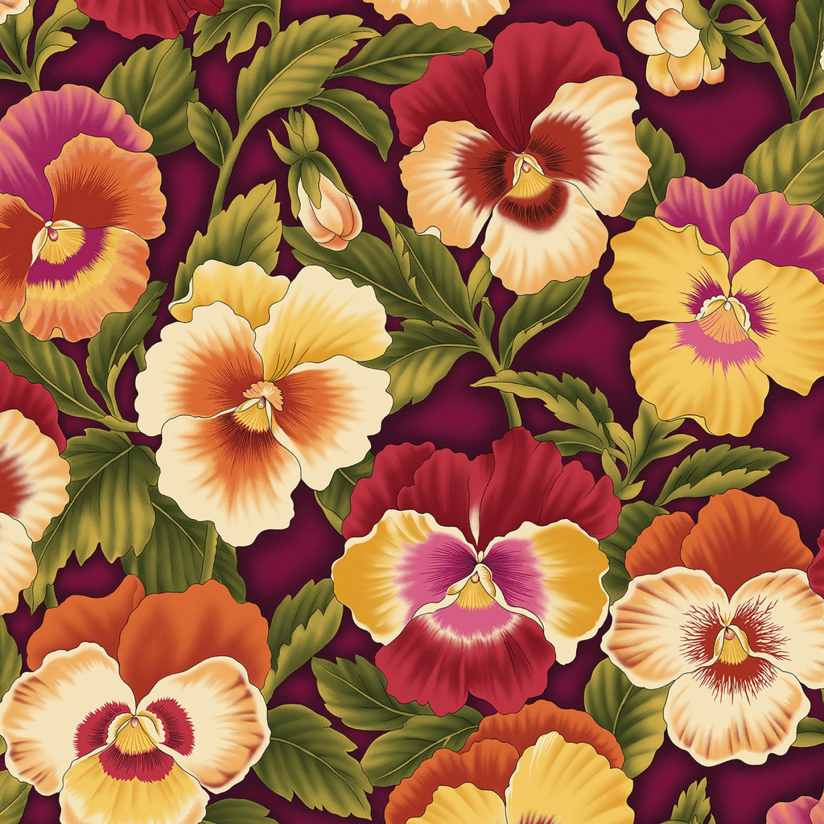 Fabric - Benartex Burgundy/Flame Pansies - Half Yard