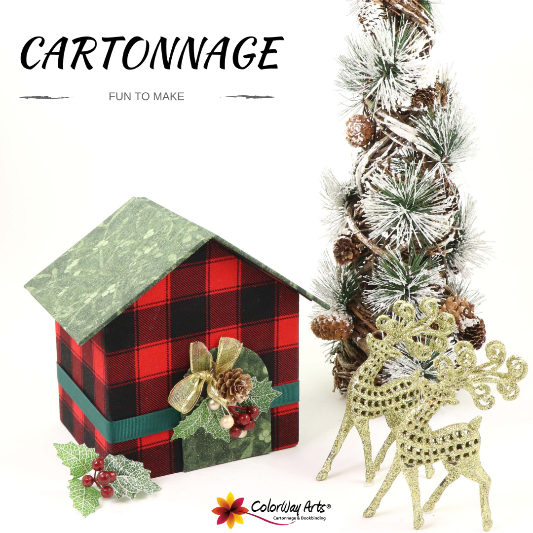 Fabric covered box house DIY kit, cartonnage kit 151, online instructions included - Colorway Arts