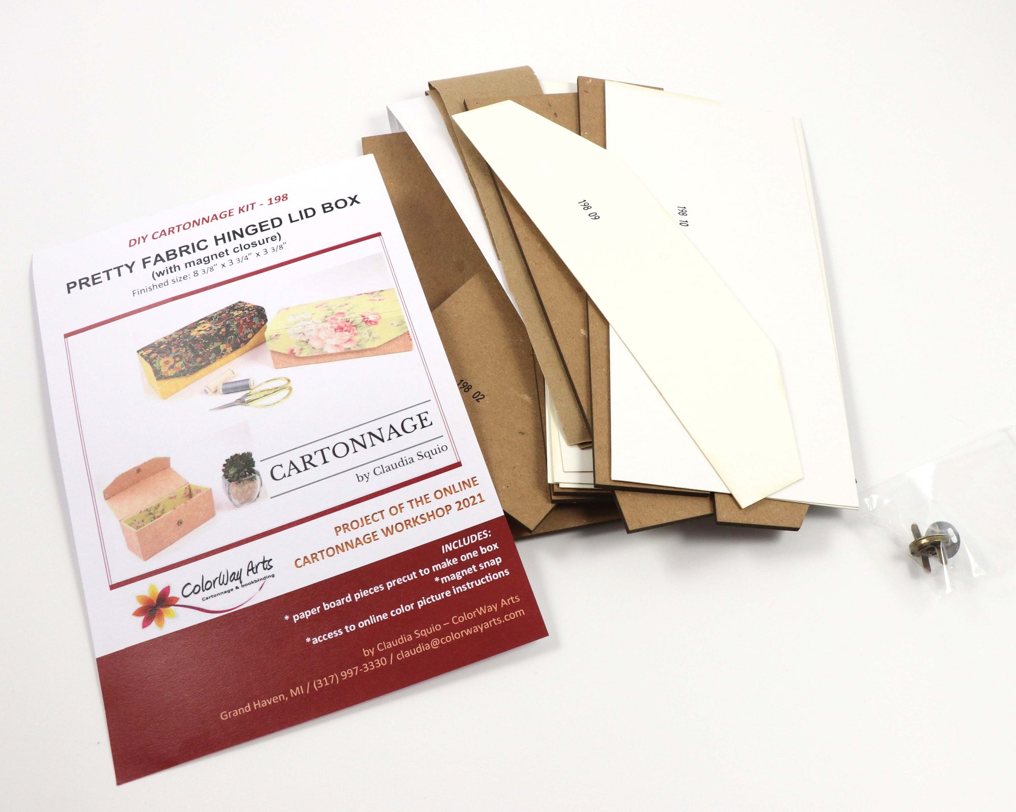 Pretty fabric hinged lid box DIY kit, cartonnage kit 198, workshop box - Colorway Arts