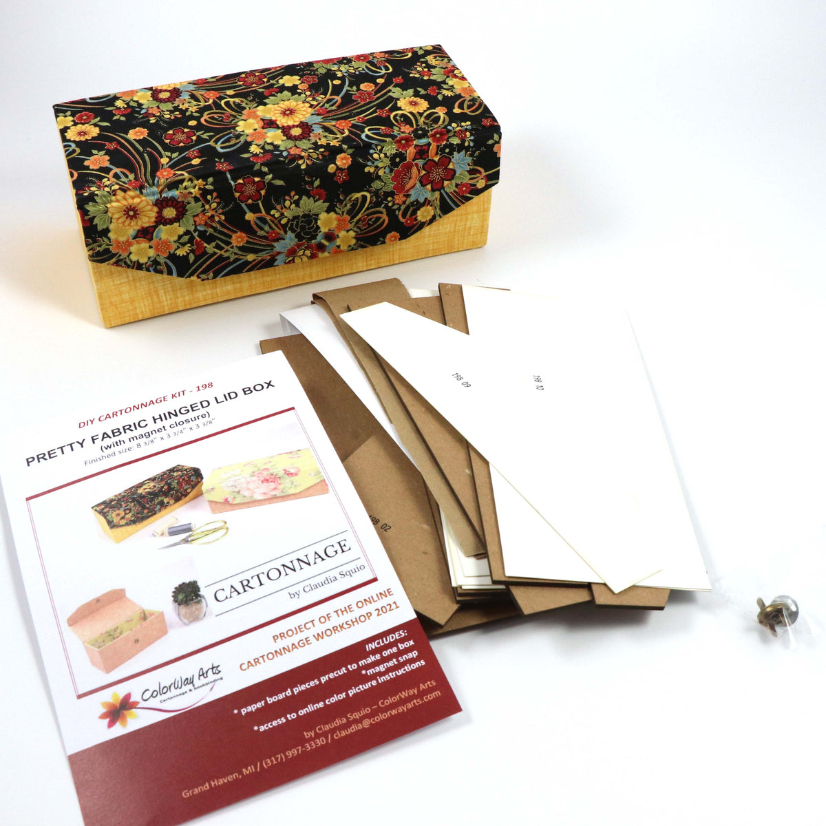 Pretty fabric hinged lid box DIY kit, cartonnage kit 198, workshop box - Colorway Arts