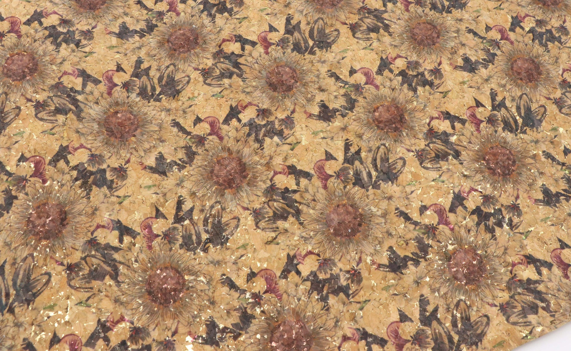 Black sunflower cork fabric - piece of 18" x 15" - Colorway Arts