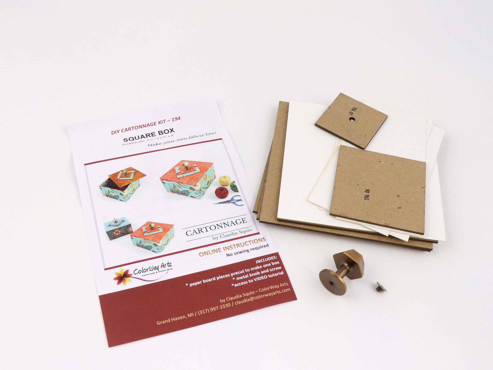 Square box DIY kit, fabric box kit, cartonnage kit 194, Video tutorial included - Colorway Arts