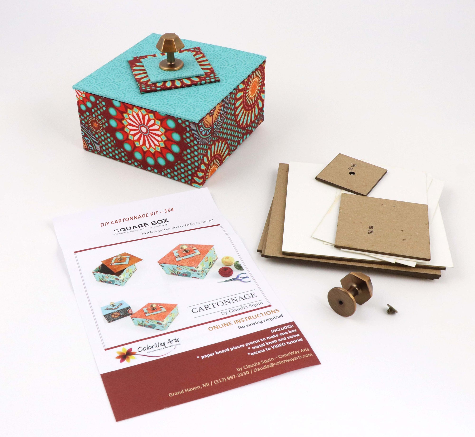 Square box DIY kit, fabric box kit, cartonnage kit 194, Video tutorial included - Colorway Arts
