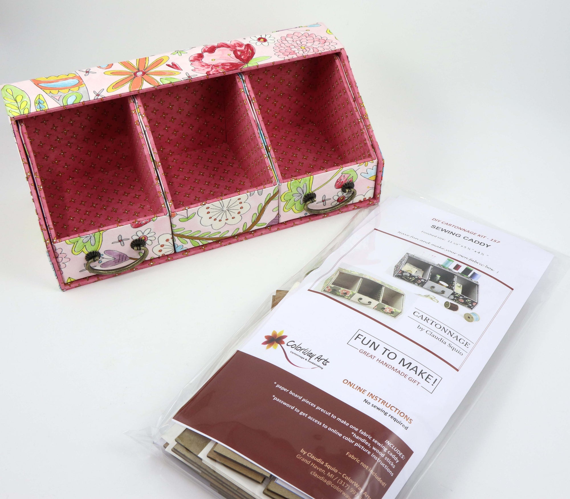 Fabric Sewing caddy DIY kit, cartonnage kit 157, Online instructions included - Colorway Arts