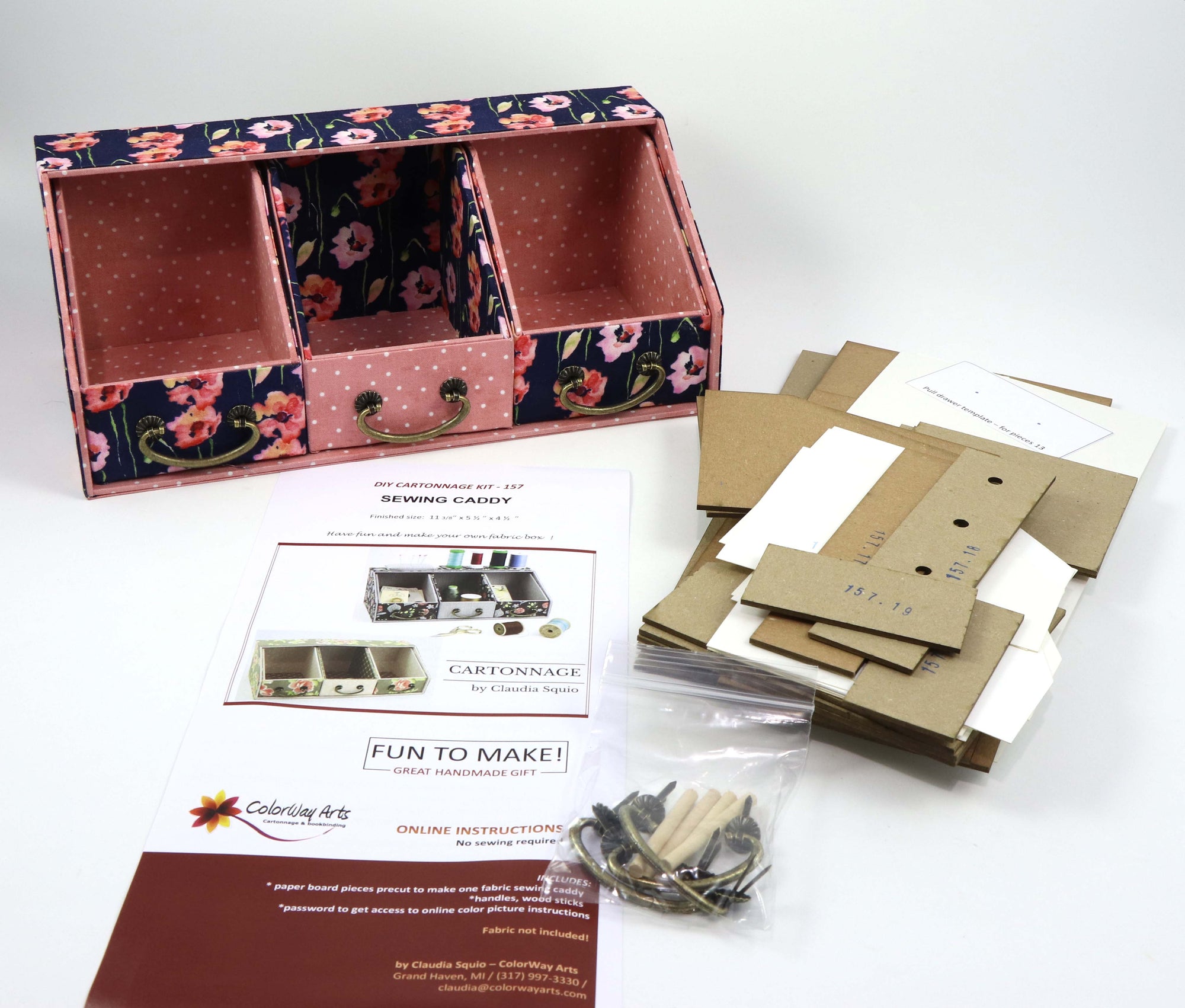 Fabric Sewing caddy DIY kit, cartonnage kit 157, Online instructions included - Colorway Arts