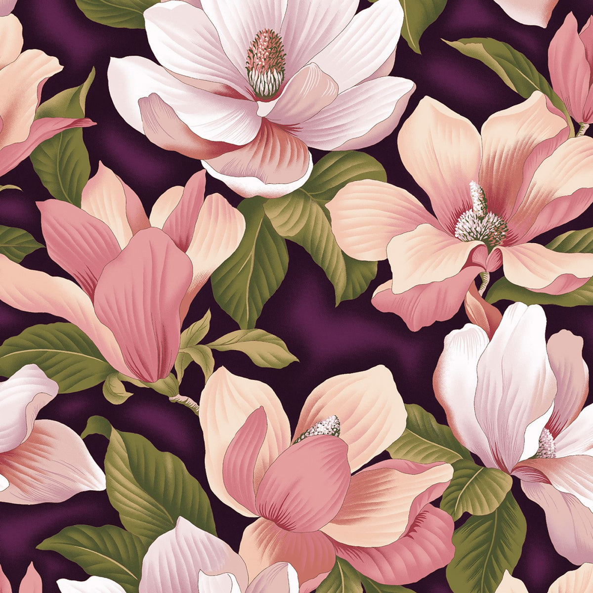 Fabric - Benartex Aubergine Magnolias - Half Yard