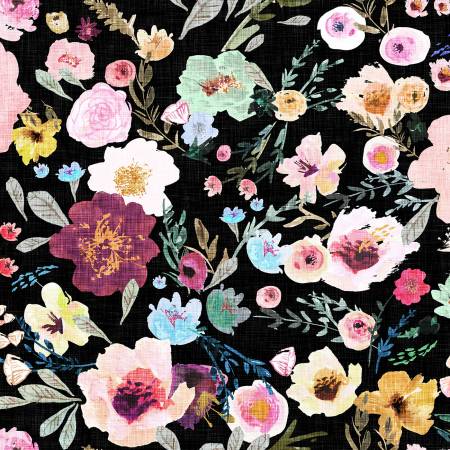 Fabric - Clothworks Dark Black Floral Digitally Printed - New Earth by Esther Fallon-Lau Collection In Floral - Half Yard