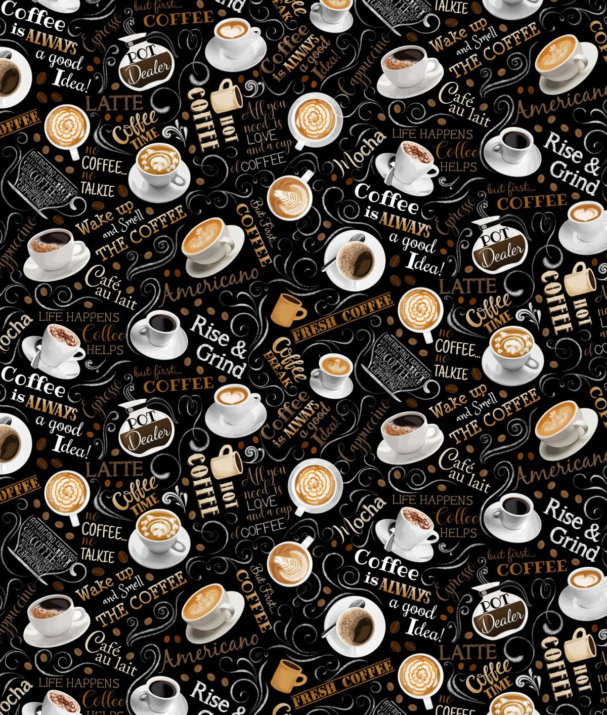 Fabric - Timeless Treasure Coffee Black - Tossed Coffee and Words - Half Yard