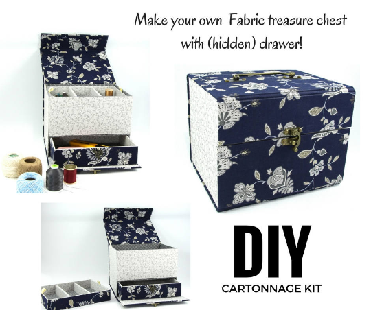 Fabric treasure chest with hidden drawer DIY kit, cartonnage kit 155, exclusive book kit - Colorway Arts