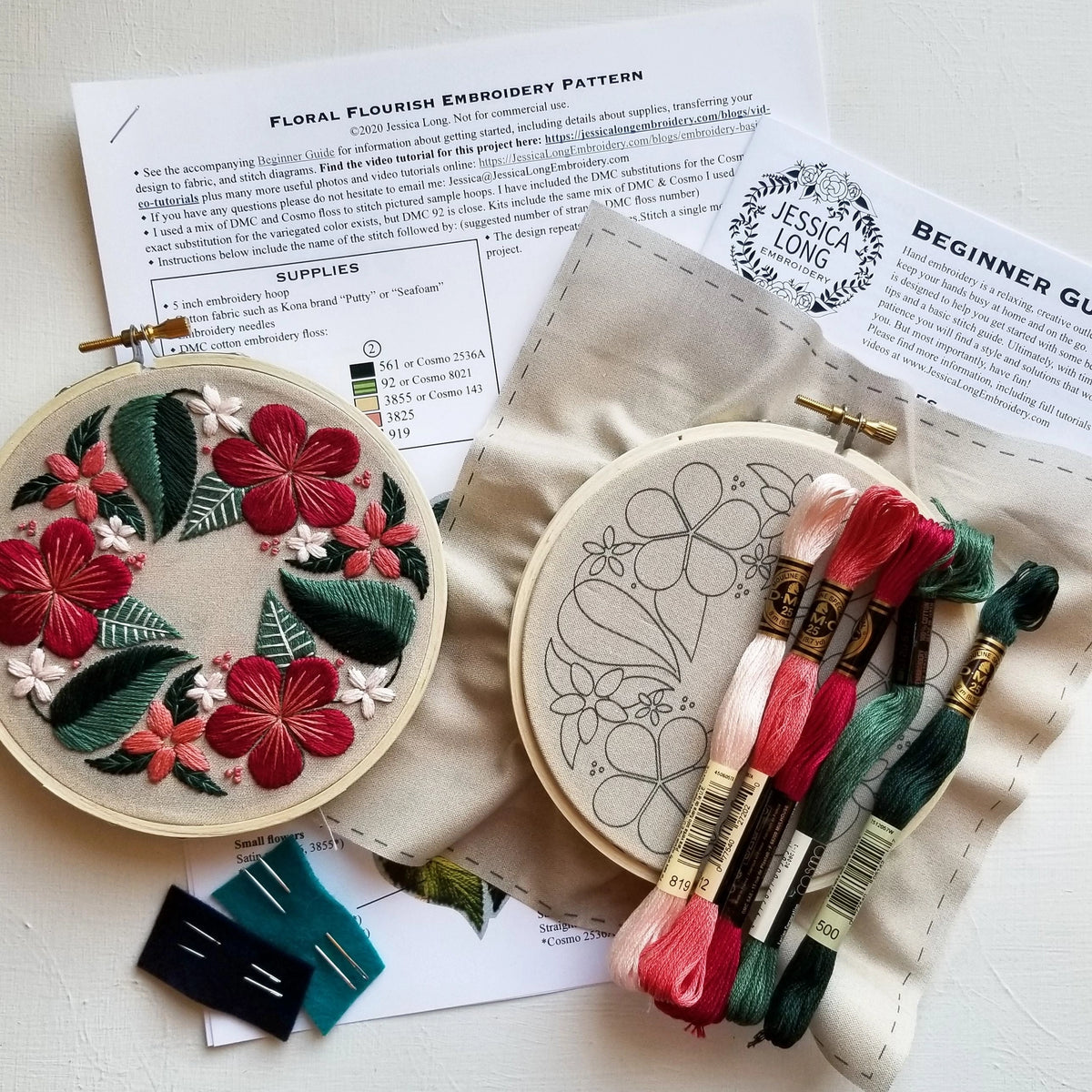 Floral Flourish Beginner Embroidery Kit - Light taupe fabric