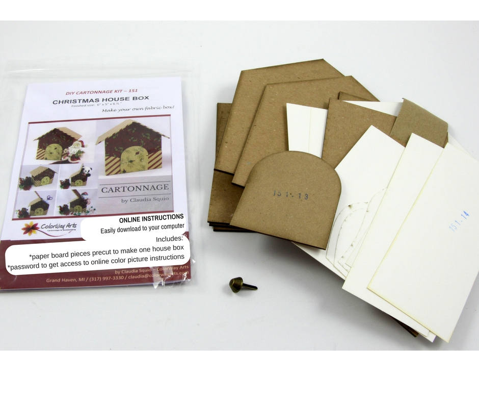 Fabric covered box house DIY kit, cartonnage kit 151, online instructions included - Colorway Arts