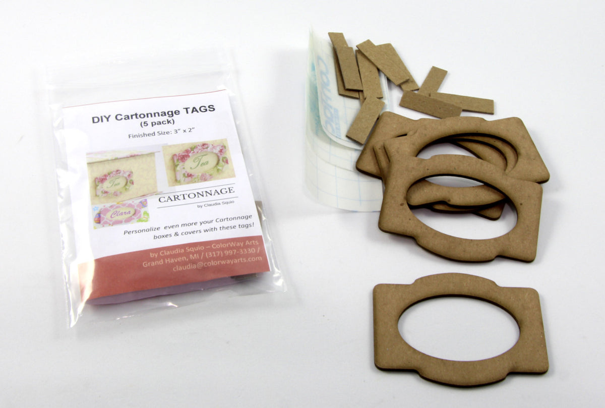 DIY fabric tags, pack with 5, cartonnage kit 107, free online instructions - Colorway Arts