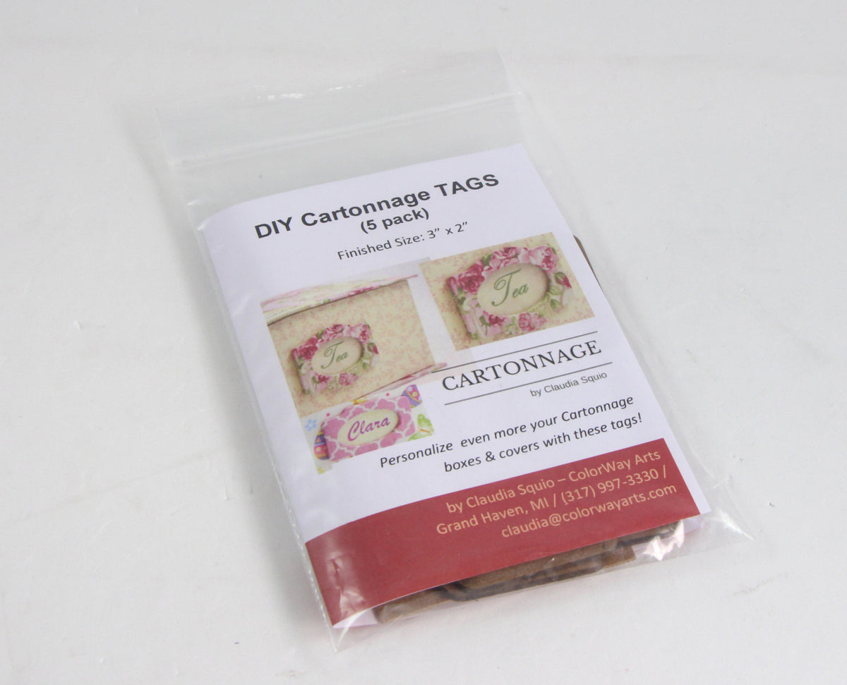 DIY fabric tags, pack with 5, cartonnage kit 107, free online instructions - Colorway Arts