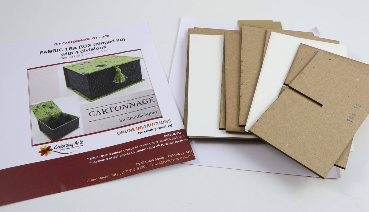 Fabric tea box DIY kit, cartonnage kit 108, online instructions included - Colorway Arts