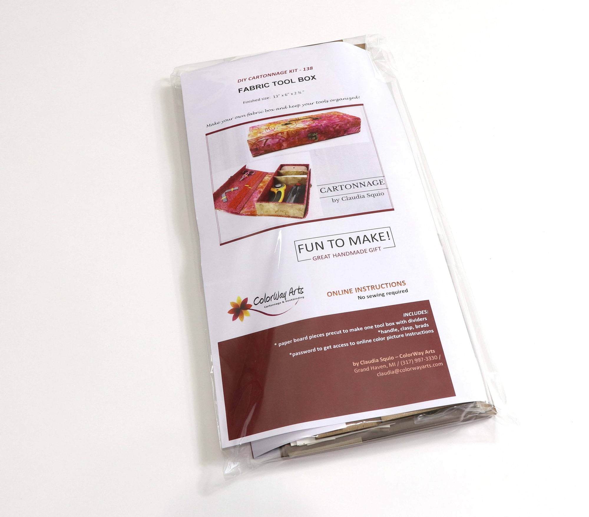 Fabric tool box DIY kit, cartonnage kit 138, online instructions included - Colorway Arts