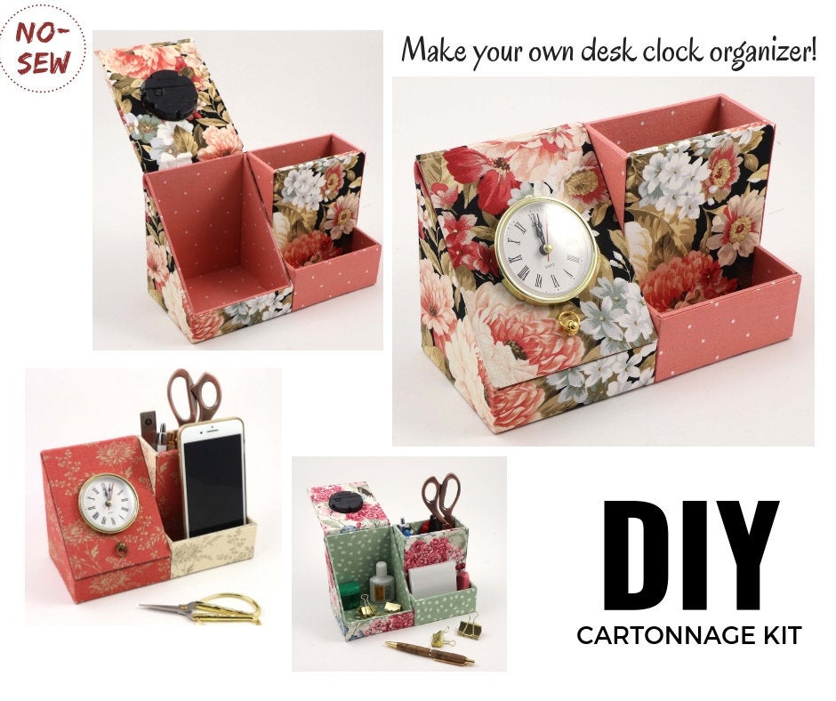 Desk clock organizer DIY kit, fabric box kit, cartonnage kit 175, Online instructions included - Colorway Arts