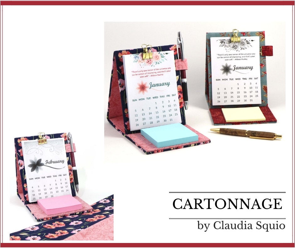 DIY fabric desk calendar, cartonnage kit 105,  free online instructions and printable calendar sheets - Colorway Arts