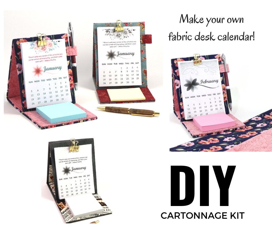 DIY fabric desk calendar, cartonnage kit 105,  free online instructions and printable calendar sheets - Colorway Arts