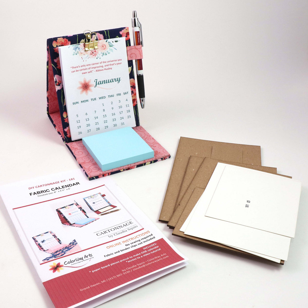 DIY fabric desk calendar, cartonnage kit 105,  free online instructions and printable calendar sheets - Colorway Arts