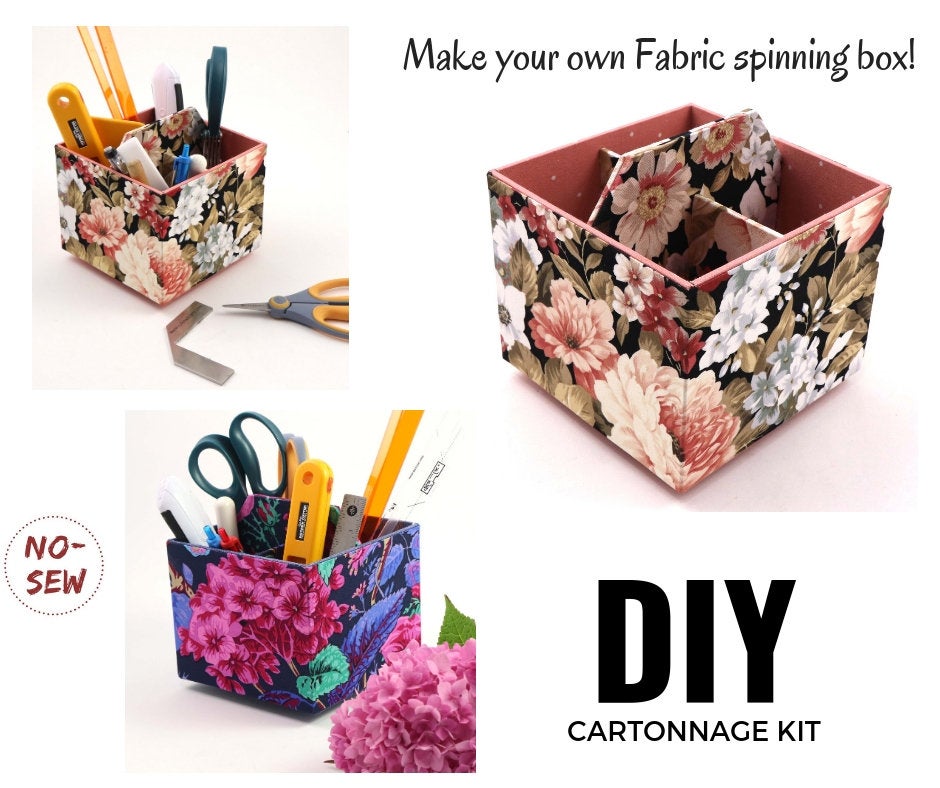 Fabric spinning box DIY kit, cartonnage kit 174, Online instructions included - Colorway Arts