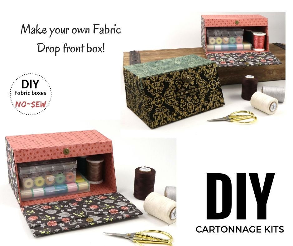 Fabric drop front box DIY kit, cartonnage kit 184, online instructions included - Colorway Arts