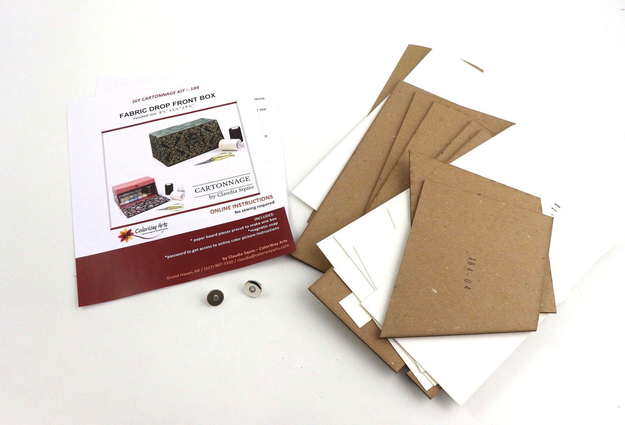 Fabric drop front box DIY kit, cartonnage kit 184, online instructions included - Colorway Arts