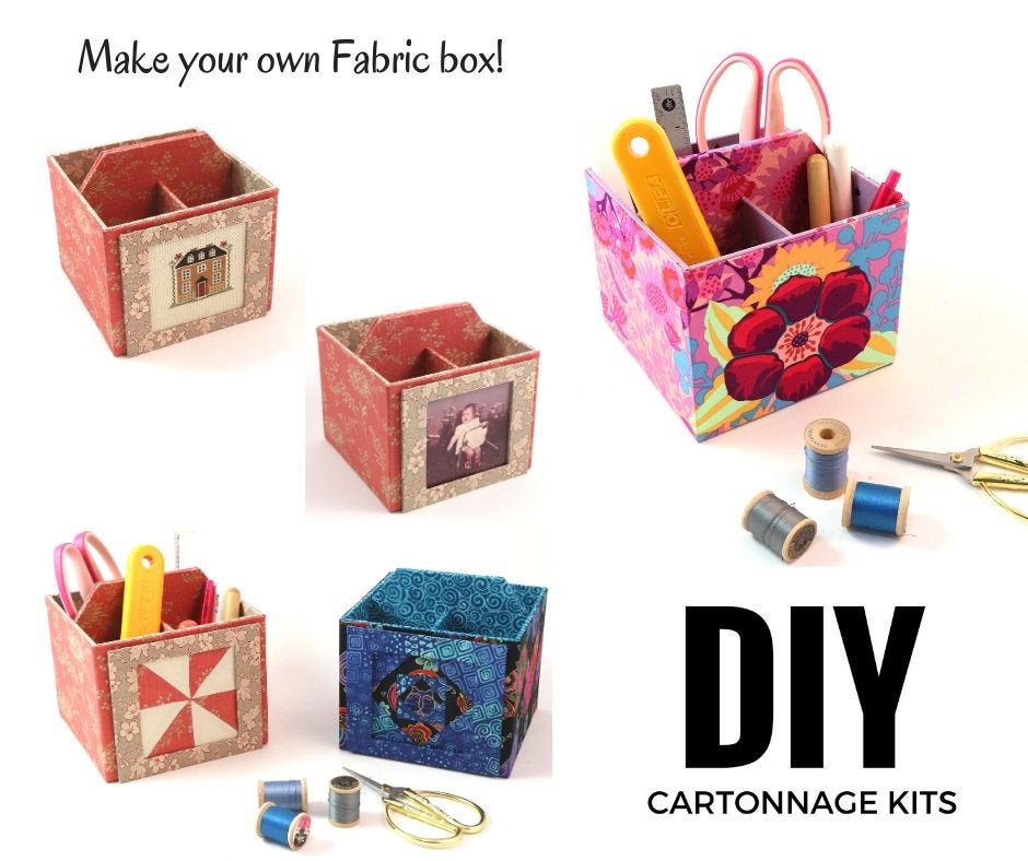 Fabric photo art caddy DIY kit, picture cube, photo caddy, cartonnage kit 185, Online instructions included - Colorway Arts