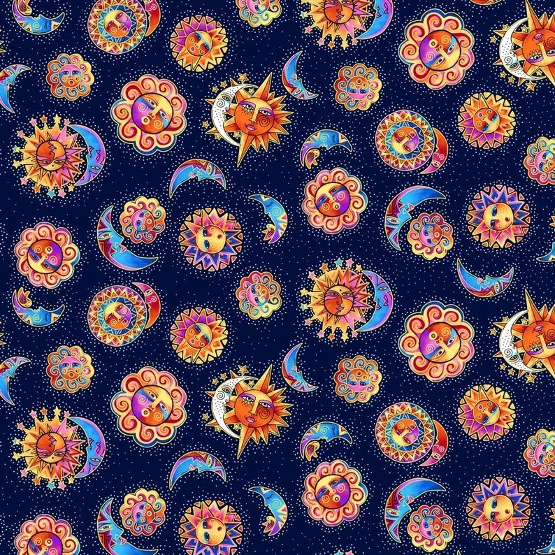 Fabric - Celestial Magic Suns Light Navy - Laurel Burch - Half Yard