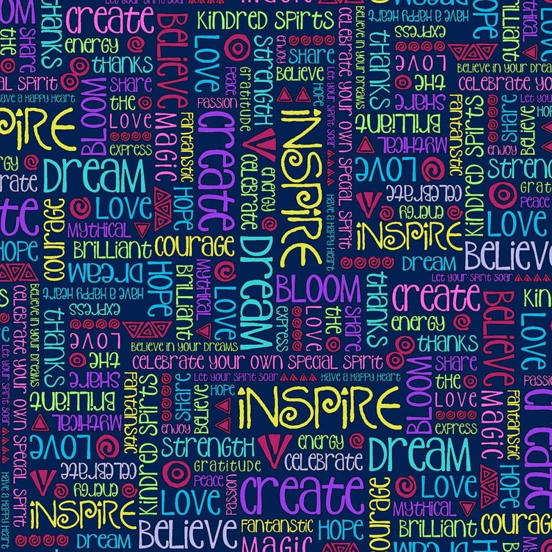 Fabric - Celestial Magic Words Light Navy  - Laurel Burch - Half Yard