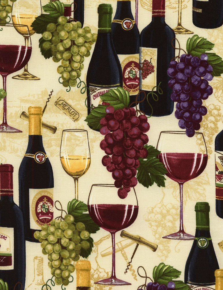 Fabric - Timeless Treasure Wine Wine Bottles and Grapes - Sand - Half Yard