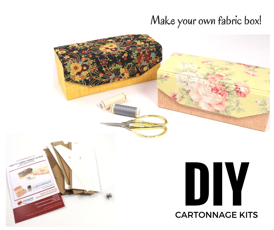 Pretty fabric hinged lid box DIY kit, cartonnage kit 198, workshop box